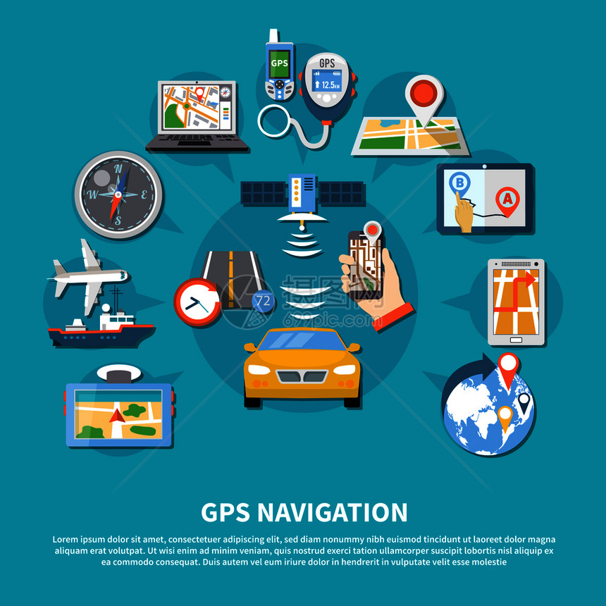 导航背景与平全球定位系统图像的设备车辆与文本矢量插图GPS导航系统背景图片