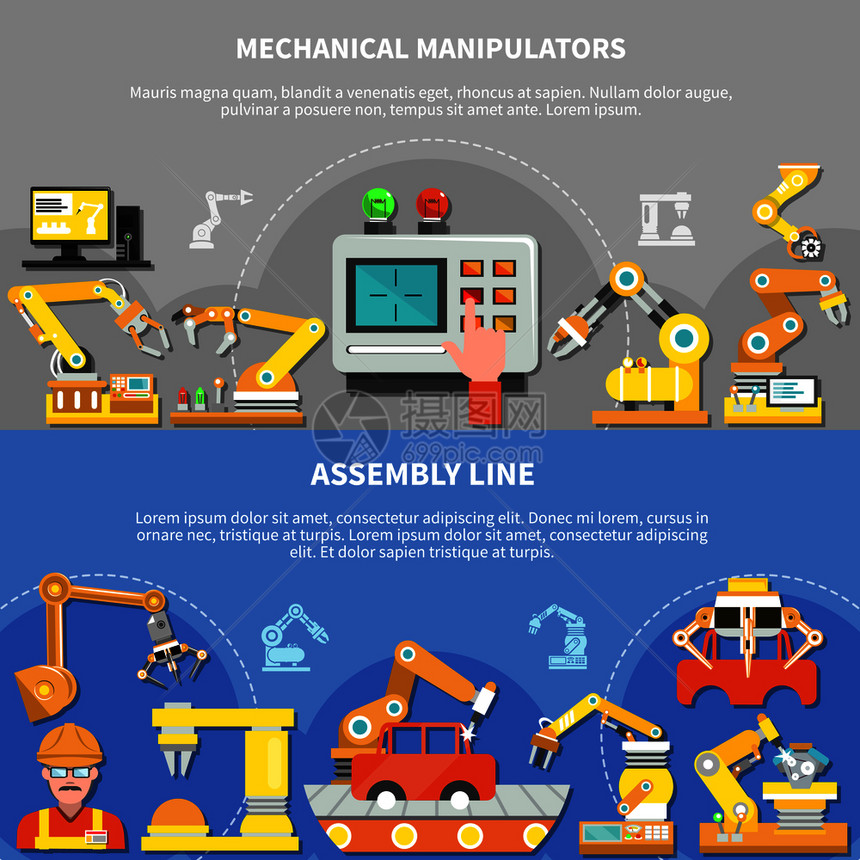 两个水平机器人手臂成机械机械手装配线描述矢量插图两个机器人手臂成集图片