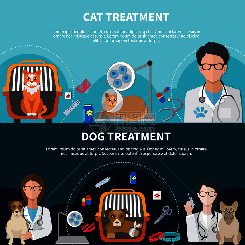 猫狗兽医治疗,外科手术,药物,宠物保险,2平水平横幅,矢量插图兽医治疗横幅图片
