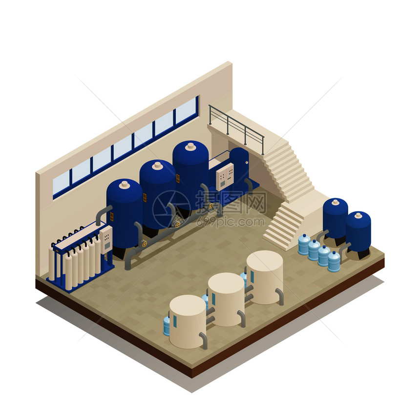 污水净水清洗处理厂抽水过滤设施等距成矢量图水清洗设施等距成图片