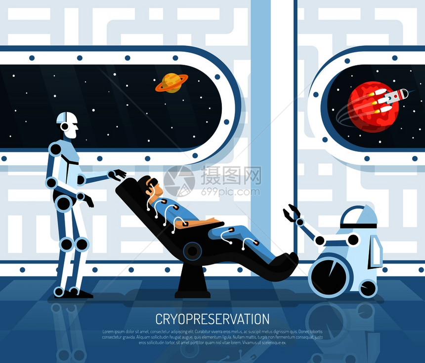 太空旅游场景与人航天器上冷冻保存与机器人,未来学,矢量插图旅游未来学插图图片