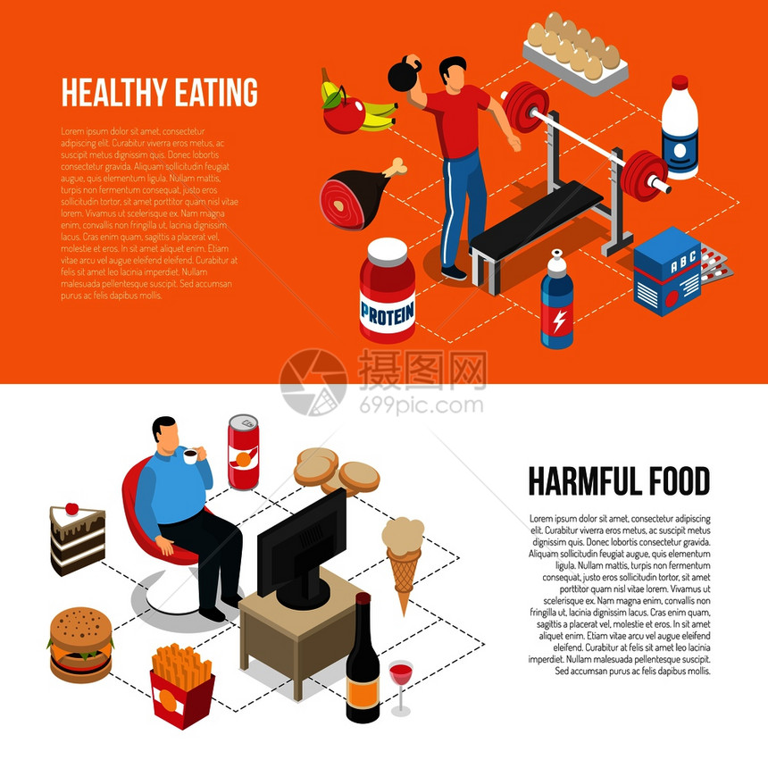 健康饮食锻炼与健康的垃圾食品电视观看2个等距生活方式横幅矢量插图健康健康的生活方式等距横幅图片