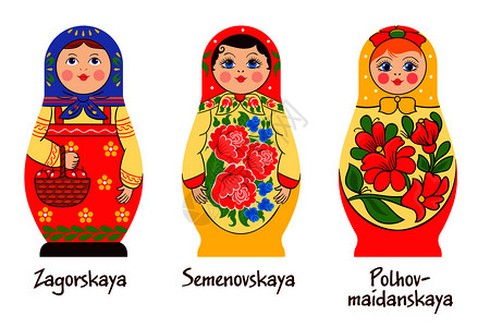 俄罗斯传统的马蒂洛什卡集三个图像与同的堆叠娃娃与同的着色艺术品矢量插图俄罗斯马蒂洛什卡风格收藏收集高清图片素材