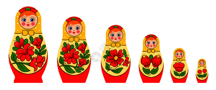马蒂洛什卡波尔霍夫梅丹斯卡娅家族用传统的着色矢量插图了嵌套娃娃的平孤立图像俄罗斯堆叠娃娃套民族的高清图片素材