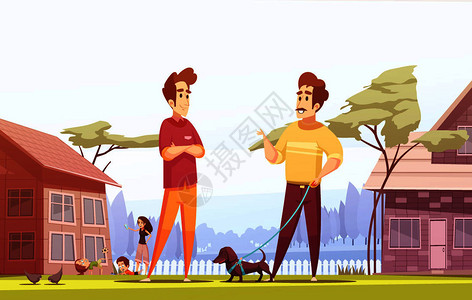 南海争端两名男住邻近的村庄小屋里,他们的孩子宠物散步,卡通矢量插图两个男邻居村庄背景插画
