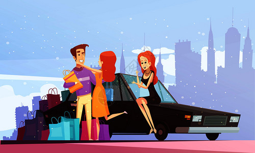 蔚来汽车购物卡通城市背景与男子来了他的车,以满足快乐的轻妇女与许多购买矢量插图购物卡通城市背景插画
