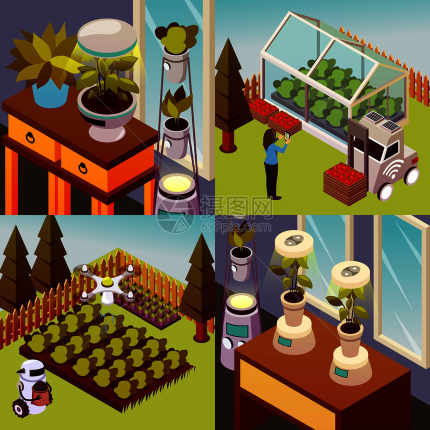 农业机器人等距2x2集的方形成代表机器人环境的畜牧业农场矢量插图机器人农场图片