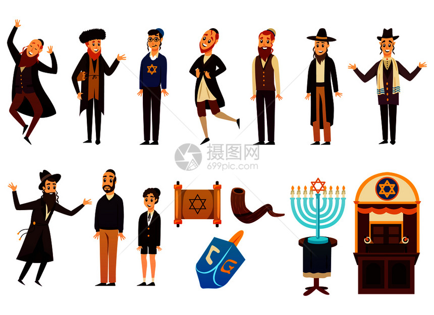 卡通犹太人人物图标收集与图像,轻成以色列人与犹太符号矢量插图卡通犹太人人物集图片