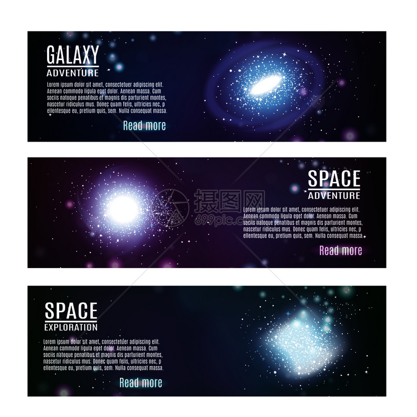 三个星系螺旋现实的与图像与星文本矢量插图水平横幅图片
