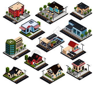 等距城市建筑与道路要素,住宅,医院,银行,学校,孤立矢量插图等距城市建筑图片