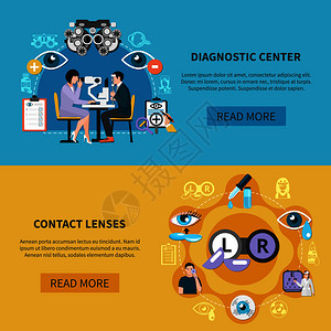 眼科2水平横幅网页与光学诊断隐形眼镜用护理信息矢量插图眼科护理横幅图片
