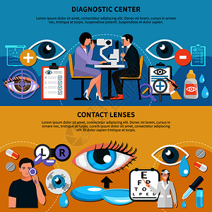 眼科医生诊断中心与验光师检查病人的眼睛隐形眼镜用护理水平横幅矢量插图眼科护理横幅背景图片