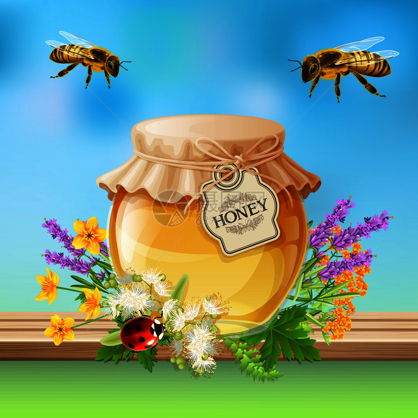 飞行蜜蜂瓢虫与薰衣草林登蜂蜜罐的现实构图与昆虫矢量插图昆虫蜜蜂现实图片