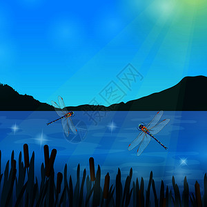 两只蜻蜓阳光下飞过水,背景上山脉,真实的构图矢量插图昆虫蜻蜓现实的图片