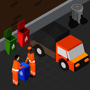 环卫垃圾桶垃圾等距成与两个人类特征的收集工人携带垃圾桶走向环卫卡车矢量插图垃圾拾音器等距成插画