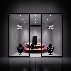 珠宝店橱窗中的两个监控摄像头,真实的背景矢量插图真实的监控相机背景图片