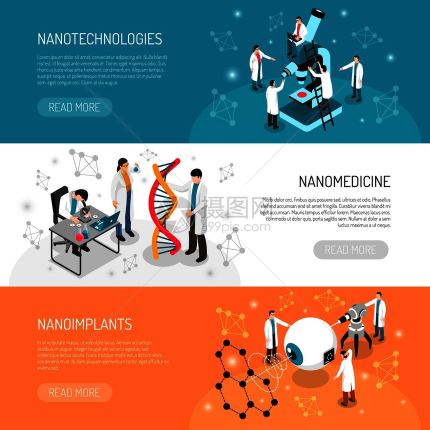 纳米技术集等距水平横幅与科学研究,医疗发展孤立矢量插图纳米技术水平横幅图片