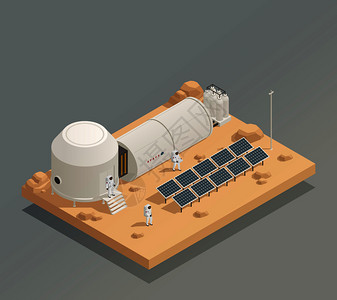 太阳电池板能量发生器设施另个行星表宇航员宇航服等距成矢量图宇航员太阳板等距成背景图片