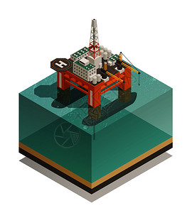石油平台石油生产工业等距成与海上平台设施的钻井开采加工矢量图石油生产工业等距成插画