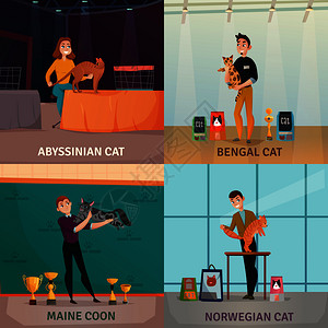 猫与花卡通图猫展示了4个卡通图标的,业主展示孟加拉挪威深渊品种矢量插图猫表演的插画