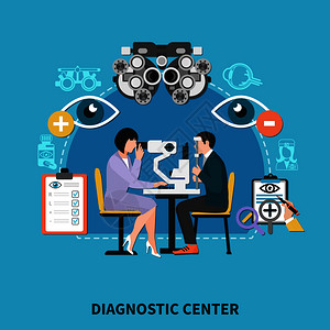 眼科诊断中心平海报与验光师眼睛检查仪器治疗矫正镜片处方背景矢量插图眼科诊断中心海报背景图片