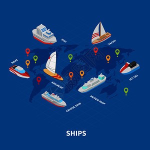 船舶等距信息蓝色背景与世界,水运包括游艇,拖船矢量插图船舶等距信息图片