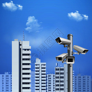 安全系统监控摄像机背景与城市景观蓝天现实矢量插图监控摄像头真实背景图片