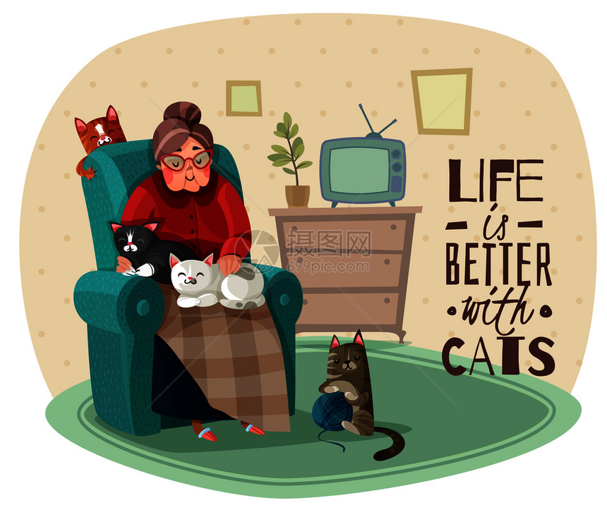 老太太扶手椅上猫家里的内部休闲,关于生活矢量插图的短语女士扶手椅猫插图图片