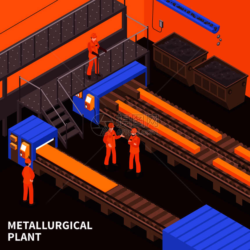 钢铁冶金工业热轧重板生产厂等距成与工人矢量图钢铁工业等距图片