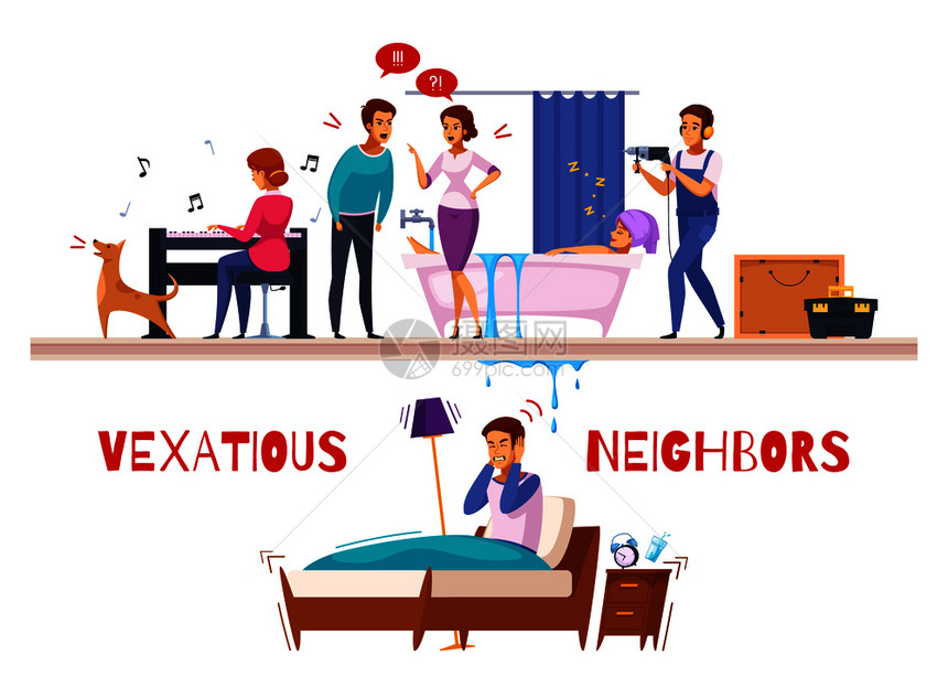 邻居关系卡通作文与钢琴钻音,家庭冲突,洪水,快乐的失眠男人矢量插图邻居关系卡通作文图片