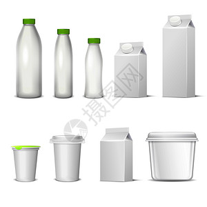 酸奶瓶包装展示套白色空白逼真的乳制品包装,包括塑料瓶纸箱隔离矢量插图乳制品包装写实套装插画
