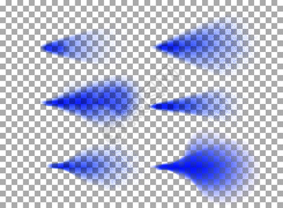 透明背景矢量插图上,用六幅同形状的蓝色喷雾轨迹的孤立图像进行喷雾逼真集喷雾雾现实背景图片