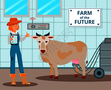 奶牛场未来的理念与奶牛自动挤奶平板矢量插图操作员未来理念的农场图片