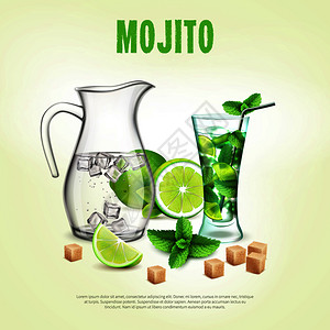 绿色鸡尾酒现实的构图与璃瓶些成分的莫吉托矢量插图绿色鸡尾酒写实构图图片