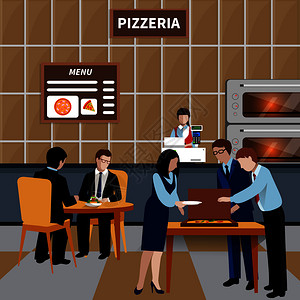 扁平商务午餐的人与工人同事比萨饼店矢量插图中吃午餐平商务午餐人员成图片