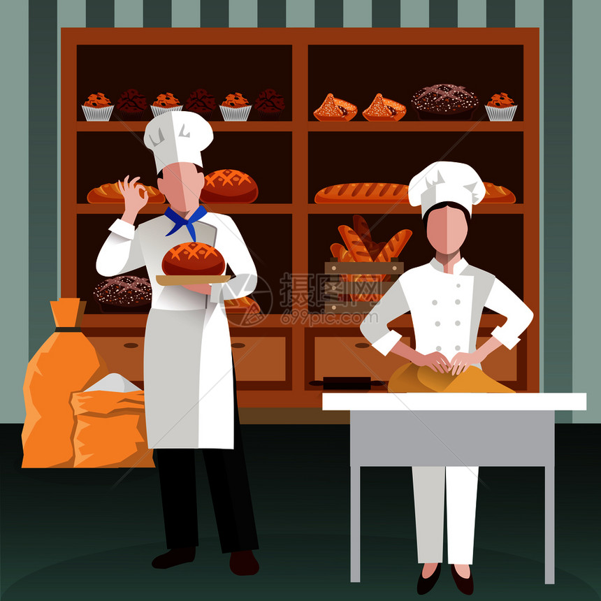 烹饪人员彩色平构图与两名包店员工工作场所矢量插图烹饪人平构图图片