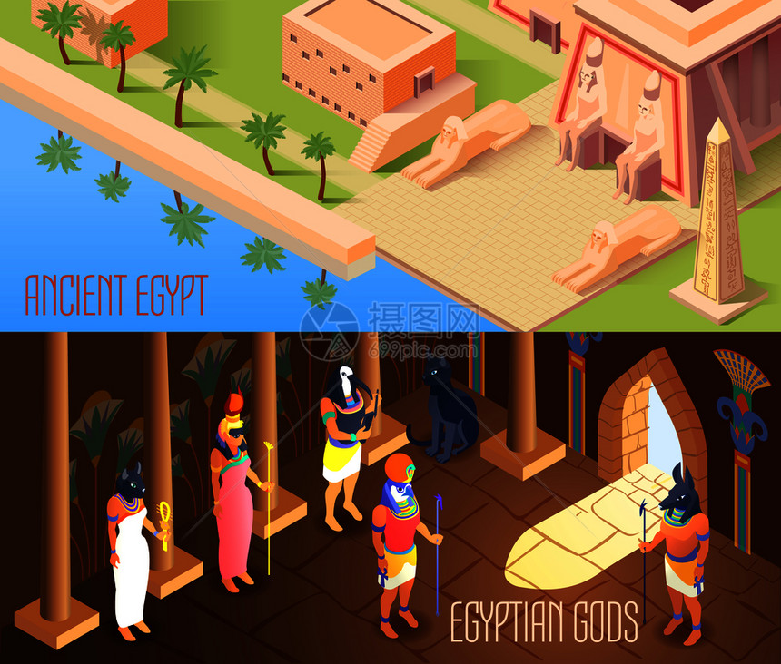 水平等距横幅埃及神古墓三维孤立矢量插图等距埃及横幅图片