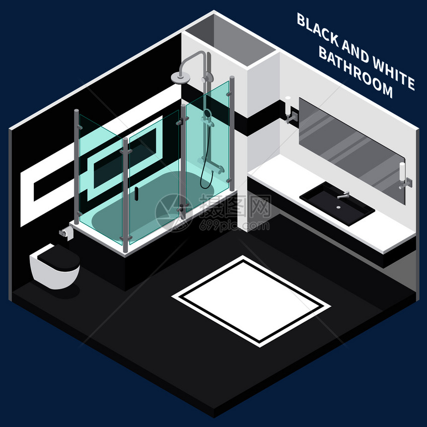 将黑白浴室与卫生工程相结合,蓝色背景矢量插图上进行等距构图浴室等距成图片