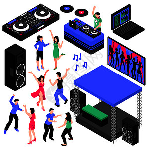 DJ音乐等距与舞蹈符号孤立矢量插图DJ音乐集图片