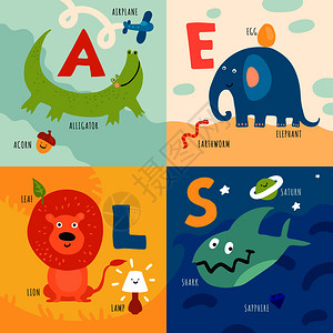 儿童学字母表4图标与鳄鱼大象狮子鲨鱼个字母图片孤立矢量插图儿童字母表的背景图片