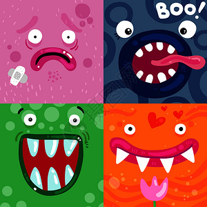 趣的怪物部表情4彩色图标粉红色,绿色,蓝色,橙色,方形海报,矢量插图趣的怪物图片