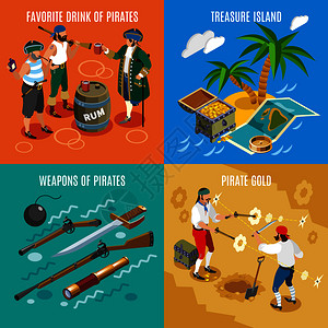 海盗等距与最喜欢的饮料朗姆酒,宝岛,争夺黄金孤立矢量插图海盗等距背景图片