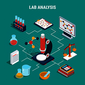 医学实验室分析设备等距流程图蓝色背景三维矢量插图等距医学流程图图片