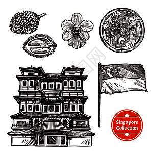 黑白新加坡手绘草图符号,传统食物著名景点孤立矢量插图新加坡手绘草图套图片