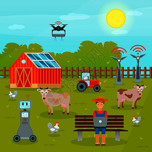 现代技术的智能农业平成与羊群管理无人机物联网矢量插图智能农业平板成图片