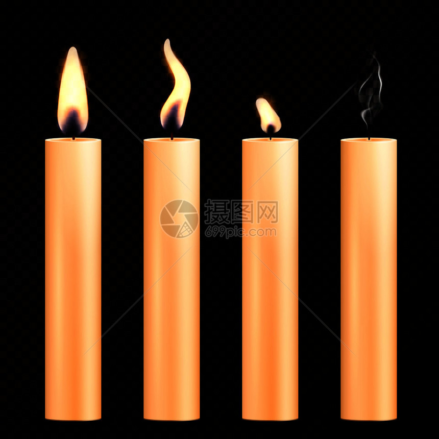 四个图像燃烧橙色蜡烛现实风格的黑暗透明背景矢量插图燃烧蜡烛写实套图片