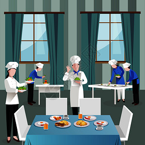 男服务微笑服务烹饪人员餐厅构图与厨师OK标志给他的同事餐厅矢量插图烹饪人餐厅的成插画