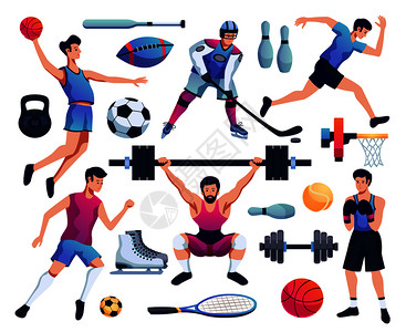 人们参与体育装饰图标集的配件棒球网球曲棍球溜冰鞋哑铃矢量插图参与运动的人背景图片