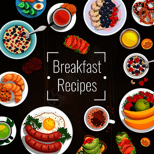 早餐食谱与套各种菜肴的传统饮食早餐木桌矢量插图早餐食谱矢量插图图片