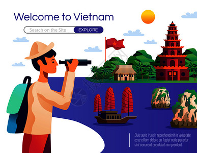 越南地标欢迎来越南卡通海报与轻游客双目矢量插图看地标欢迎来越南插图插画